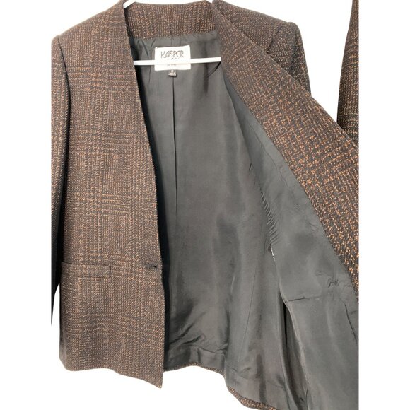 VTG Kasper Size 6/8P Wool Plaid Blazer & Skirt Set Suit Black Plaid 7220 - Picture 2 of 8